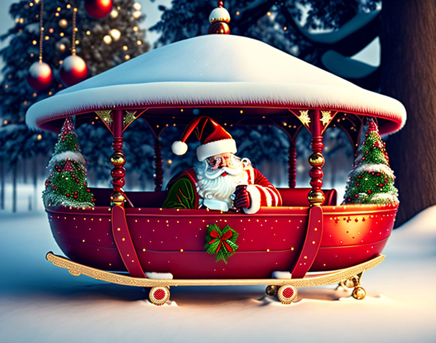 Red sleigh with golden undercarriage, Christmas trees and ornaments, parked on snowy landscape.