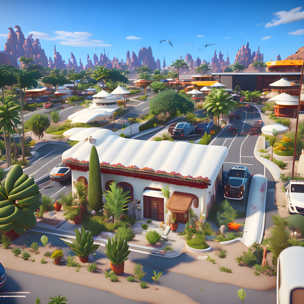 Vibrant 3D Render of Sunny Desert Town with Adobe Houses and Cacti