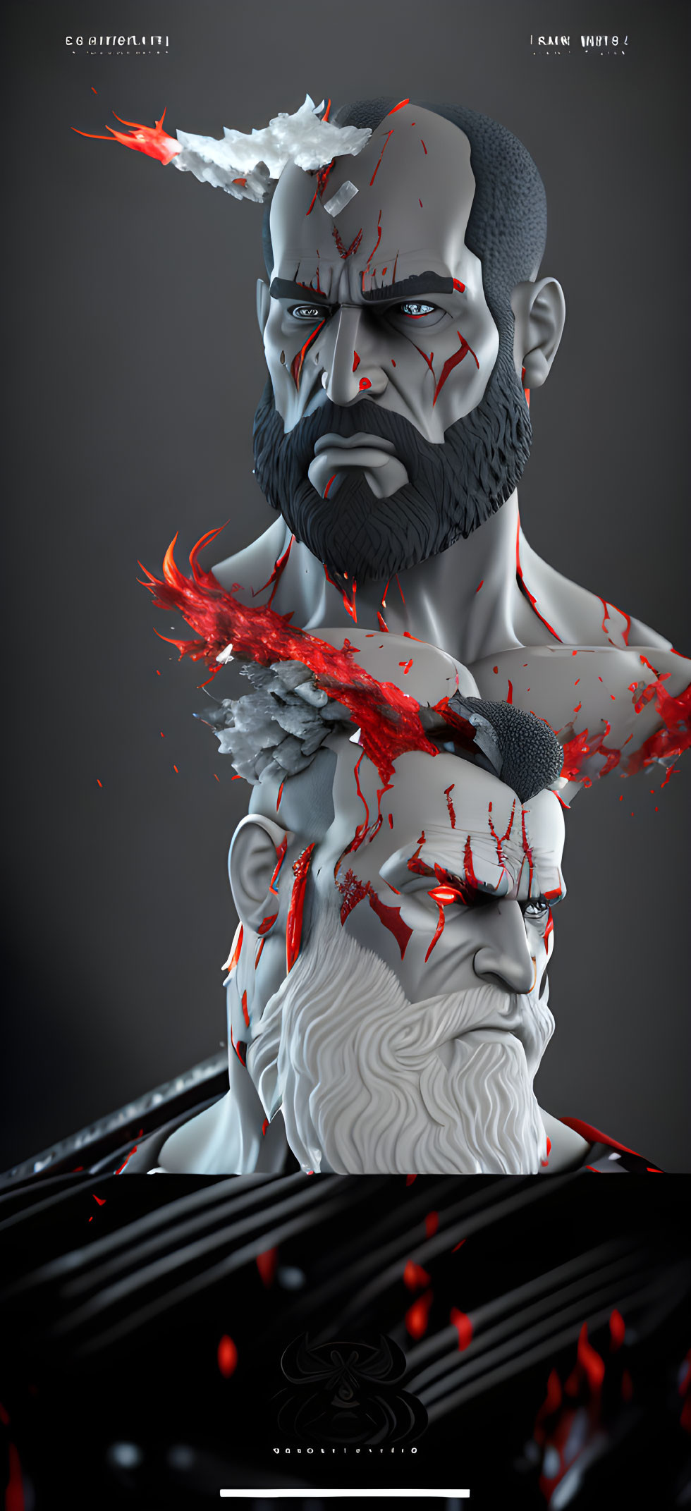 Stylized digital artwork of male figure with split beard and red splashes