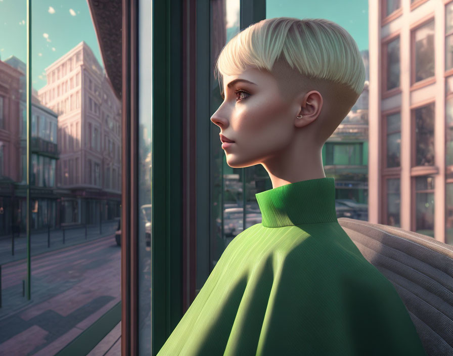 Blonde person in green turtleneck gazes at urban skyline