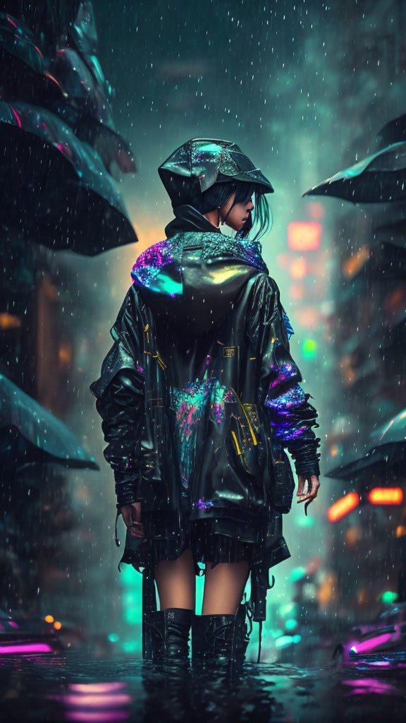 Futuristic figure in black raincoat and hat under neon-lit rain