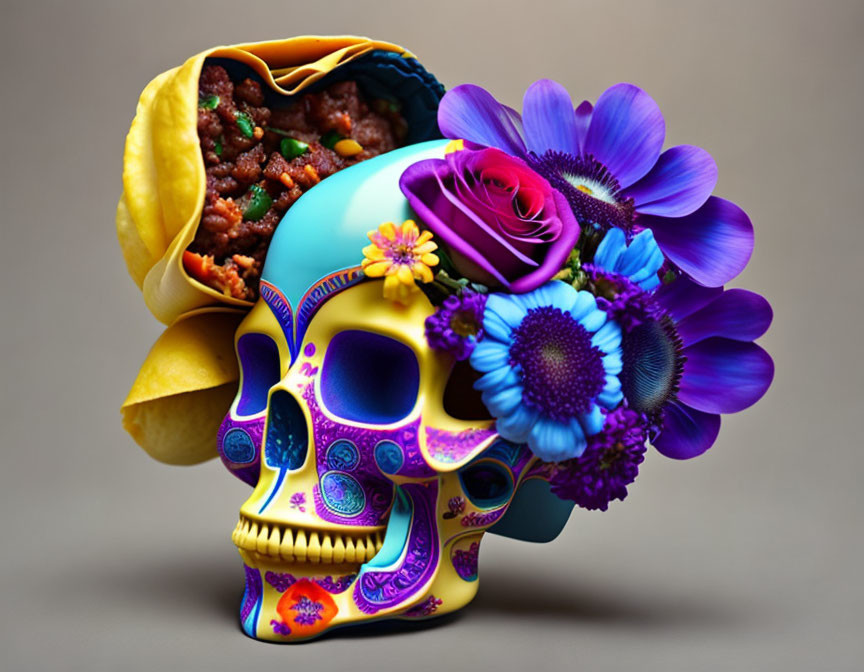 Colorful Skull with Flowers and Taco Brain on Neutral Background