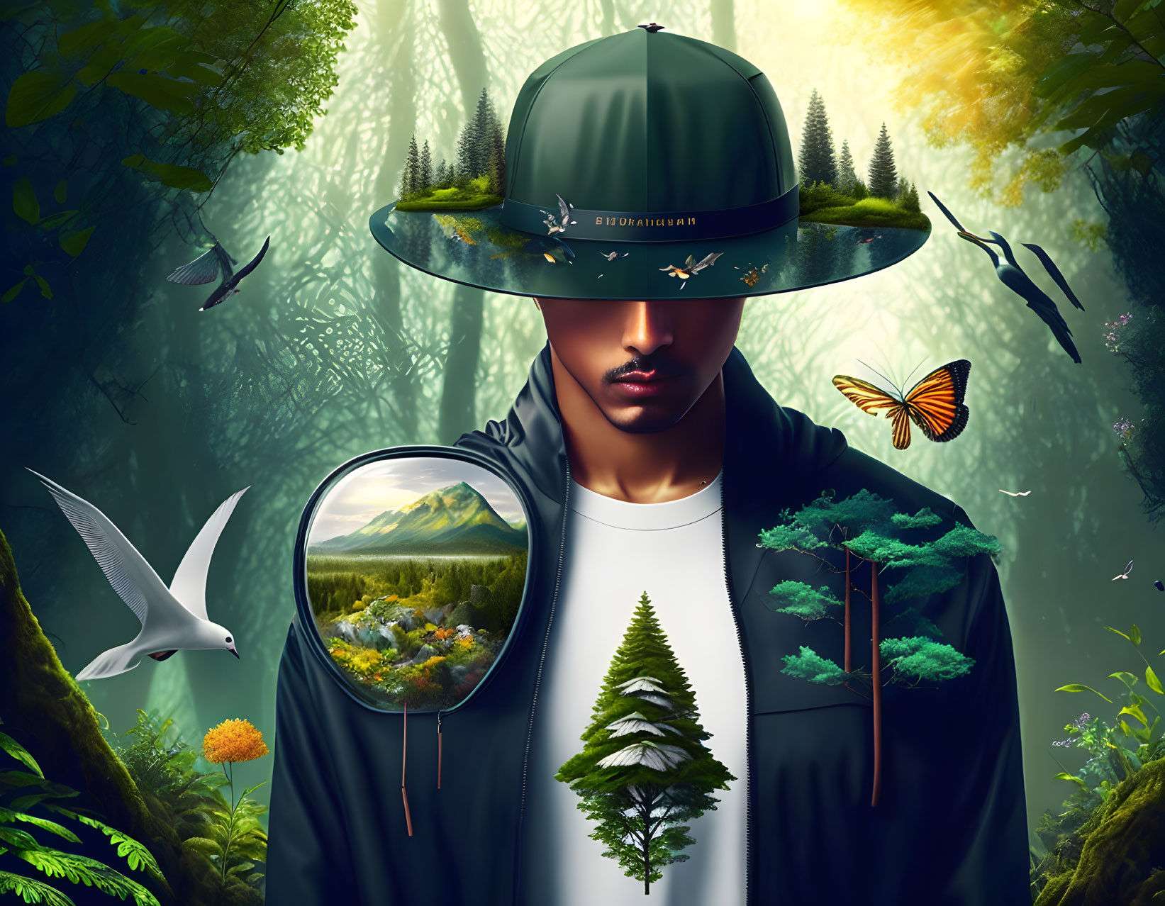 Person fused with nature in surreal portrait with hat transforming into forest landscape, wildlife, and flora.