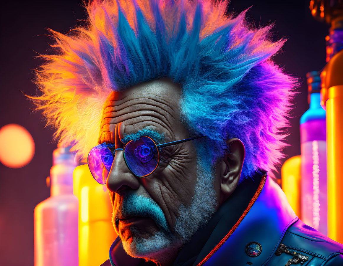 Colorful portrait of a man with blue hair and round glasses in front of glowing bottles