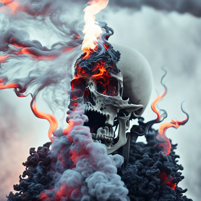 Skull engulfed in flames against cloudy backdrop