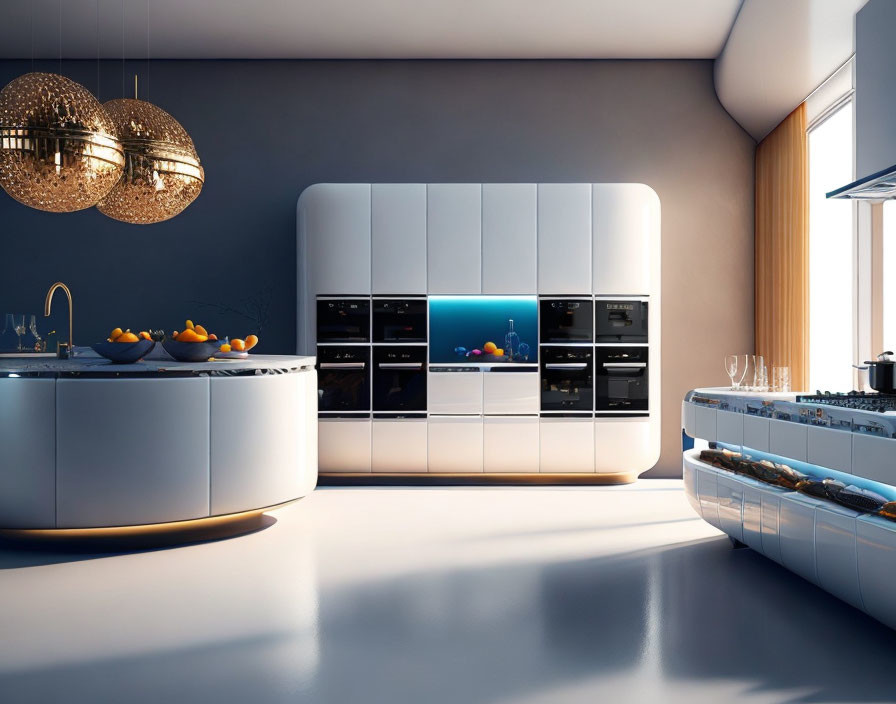 Sleek modern kitchen with white cabinetry, curved island, and pendant lights