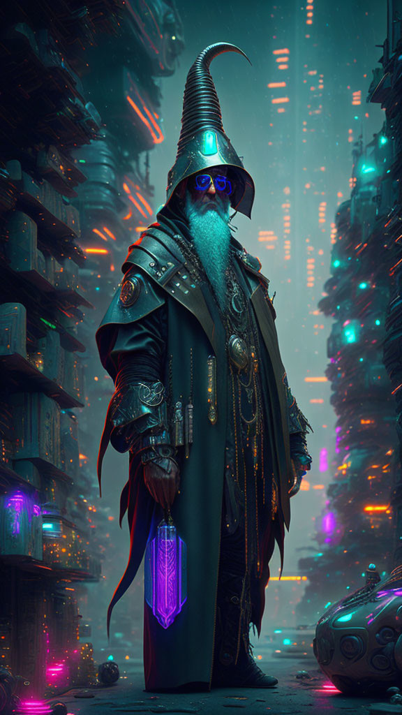 Wizard in futuristic cyberpunk alley with glowing staff