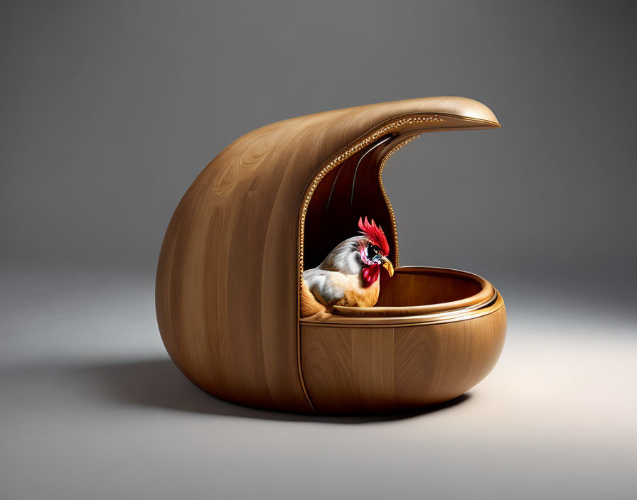 Rooster in Egg-shaped Chair on Gray Background