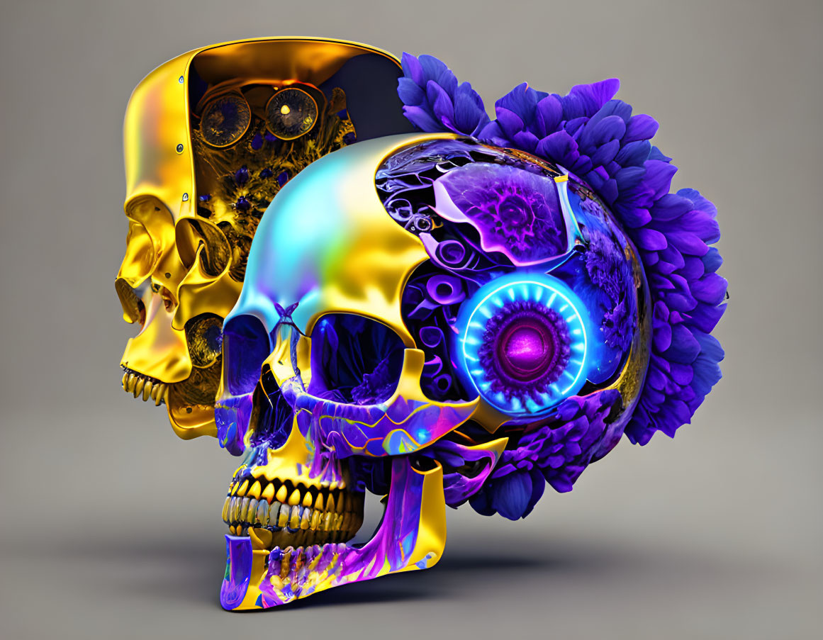 Stylized skull art with mechanical parts and flowers on grey background