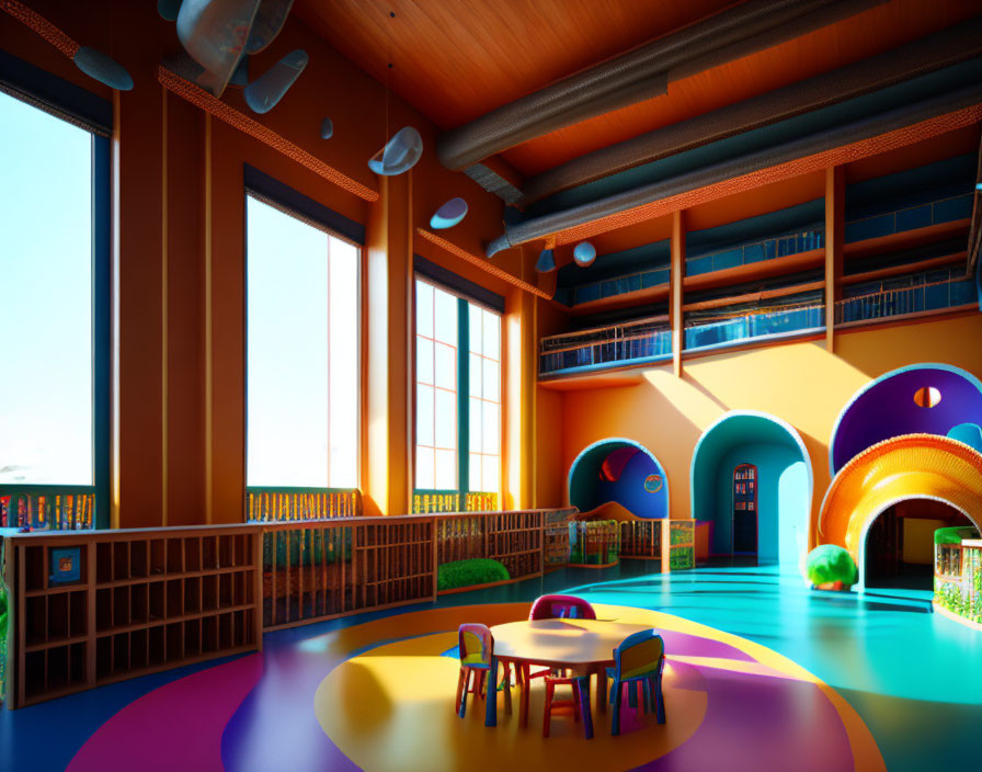 Vibrant Children's Library with Bookshelves and Circular Seating