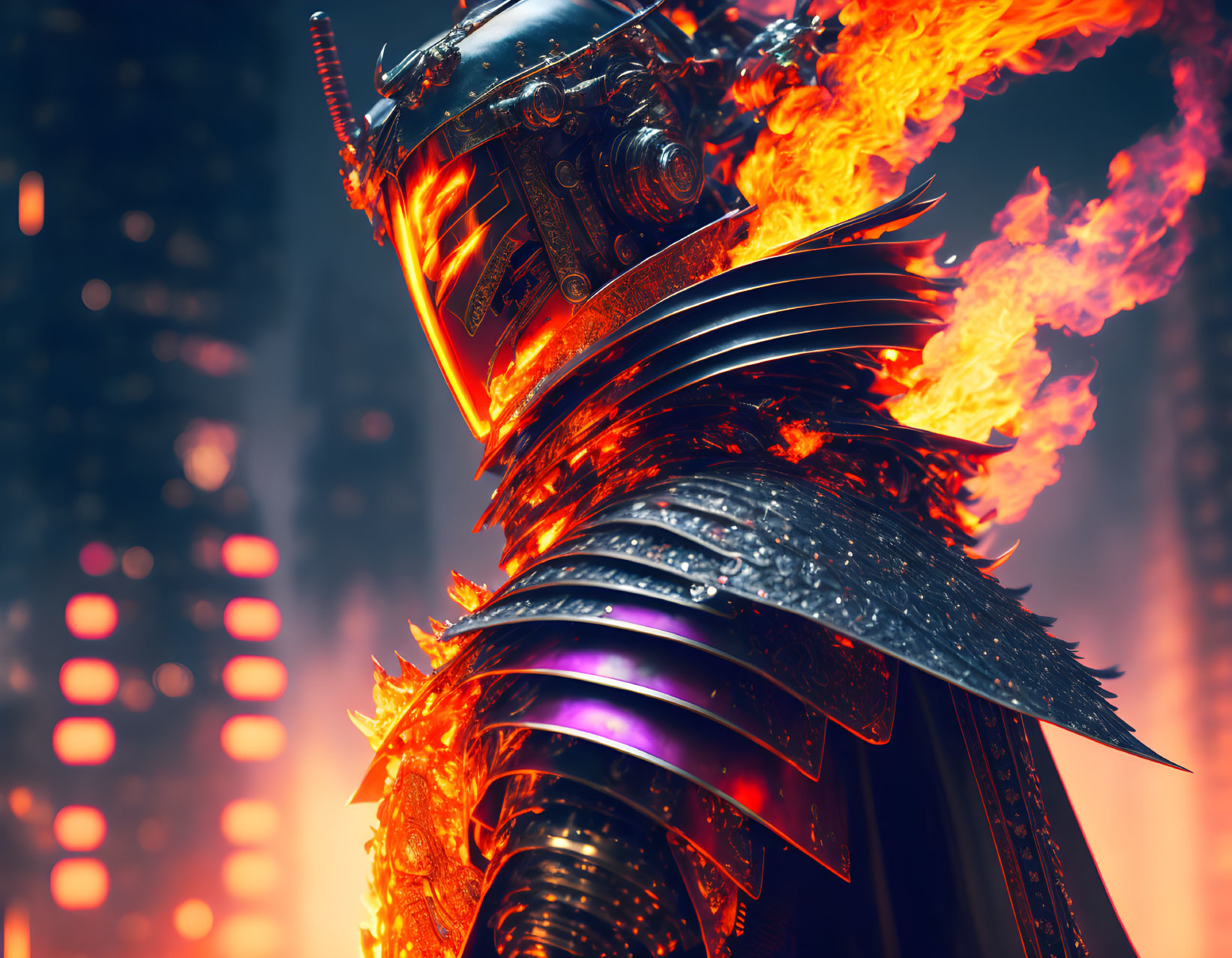 Fiery samurai in glowing ember armor against blurred orange lights