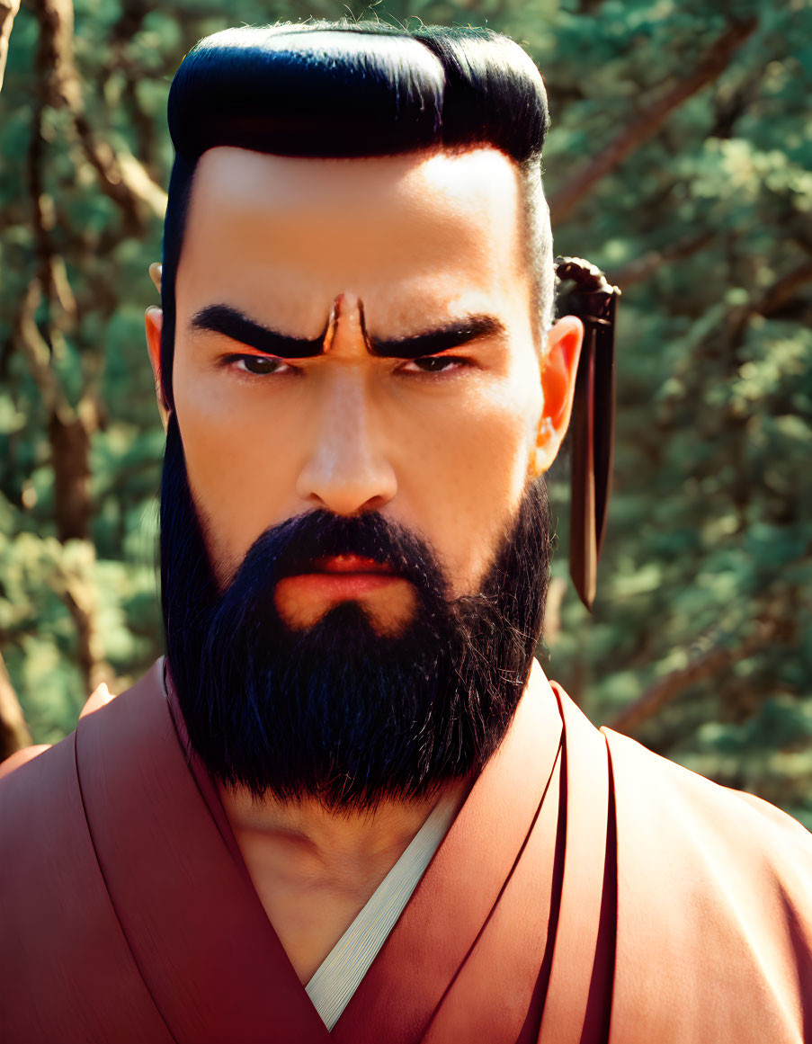 Stylized man with black beard in traditional attire before forest backdrop