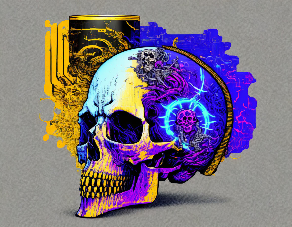 Skull with Yellow and Blue Mechanical Designs on Gray Background