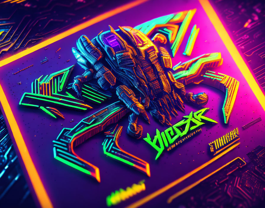 Vibrant Neon-Colored Robotic Spider on Circuit Board Artwork