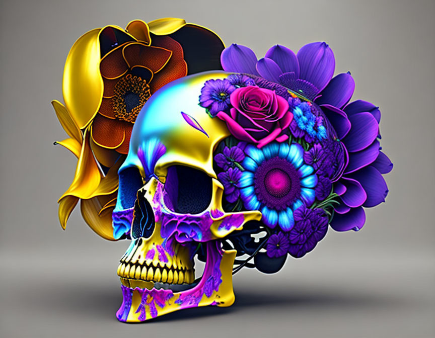 Colorful Human Skull with Vibrant Flower Adornments on Neutral Background