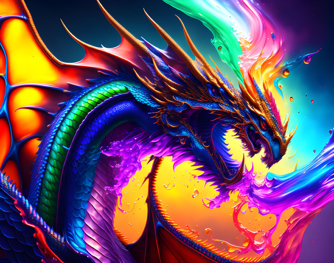 Colorful dragon digital artwork with iridescent scales in swirling liquid against dark background