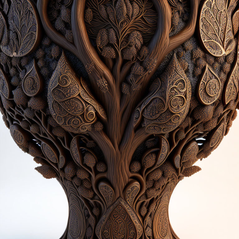 Detailed Wooden Tree Sculpture with Carved Leaves and Patterns on Neutral Background