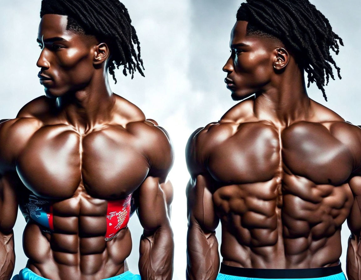 Muscular Man with Dreadlocks in Dual Mirror Images