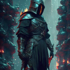 Stylized knight in black and red samurai armor in crimson-lit forest