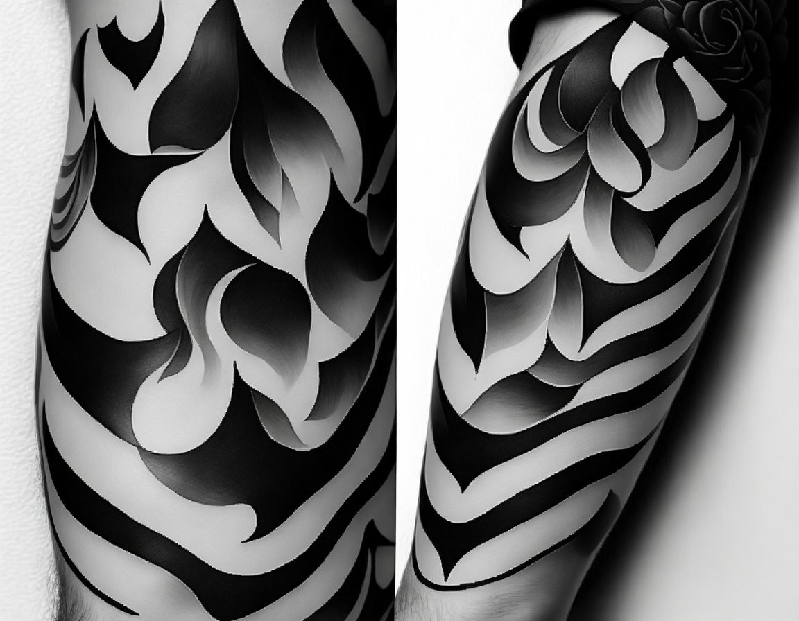 Monochrome tattoo close-up: abstract wave patterns on arm