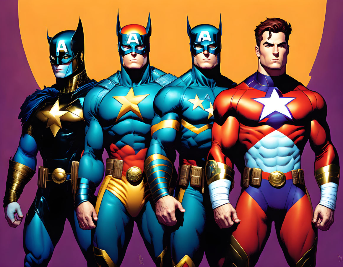 Four muscular superheroes in colorful costumes with star symbols on a purple background