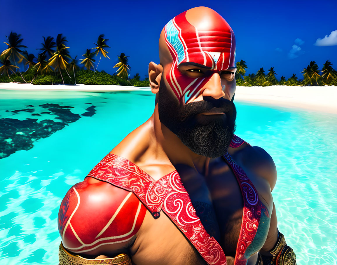 Muscular man with red tribal face paint on tropical beach