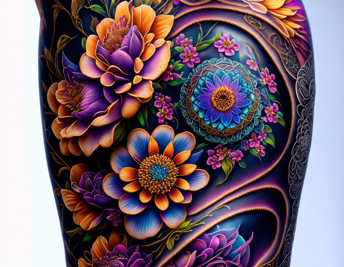 Detailed Vibrant Floral Pattern in Orange and Purple on Dark Background