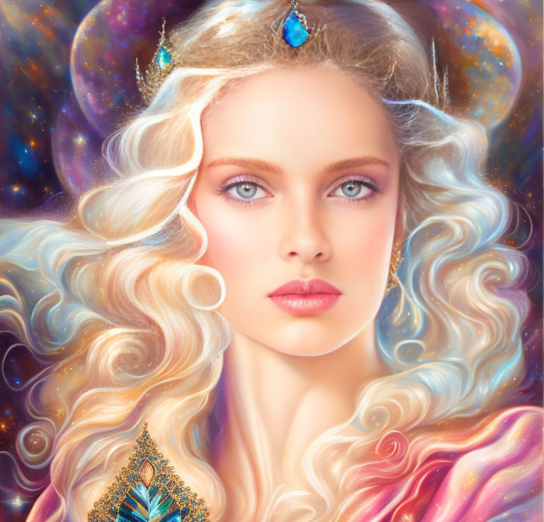 Blonde Woman with Gemstone Crown in Cosmic Setting