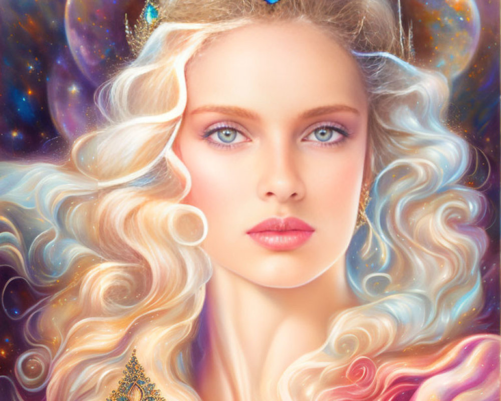 Blonde Woman with Gemstone Crown in Cosmic Setting