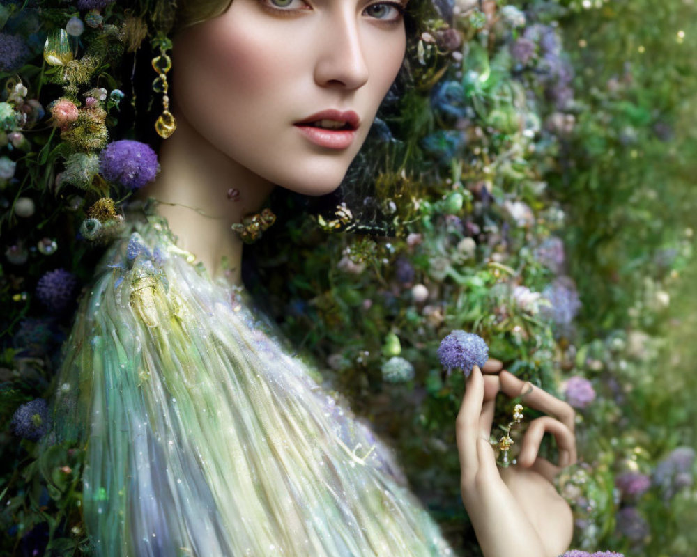 Woman in Floral Crown Blends with Purple Flowers