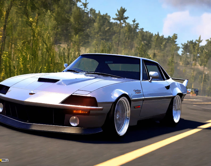 Vintage Muscle Car with Two-Tone Paint Speeding on Tree-Lined Road