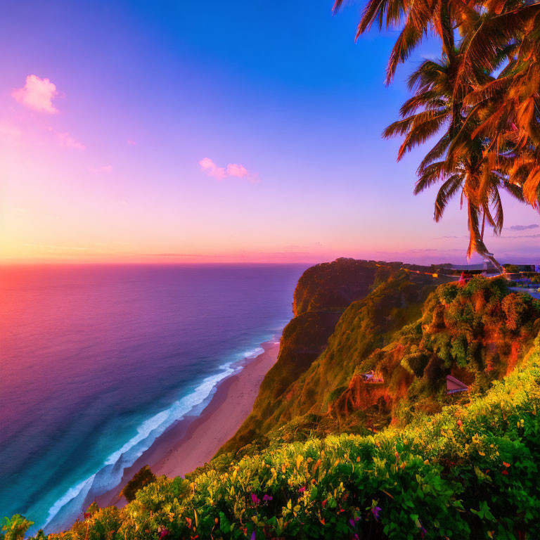 Tropical beach sunset with vibrant sky, palm trees, greenery, tranquil sea