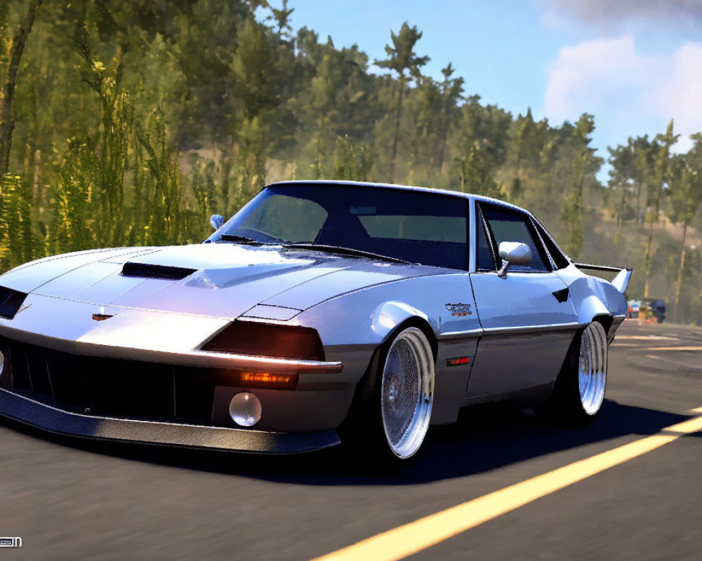 Vintage Muscle Car with Two-Tone Paint Speeding on Tree-Lined Road