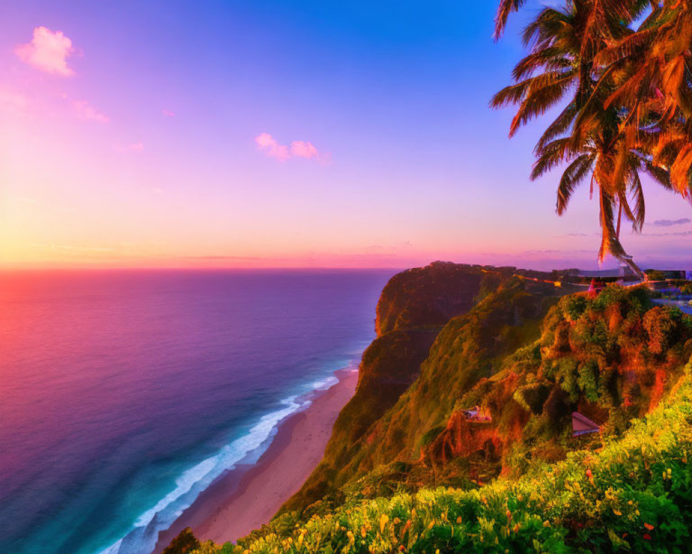 Tropical beach sunset with vibrant sky, palm trees, greenery, tranquil sea