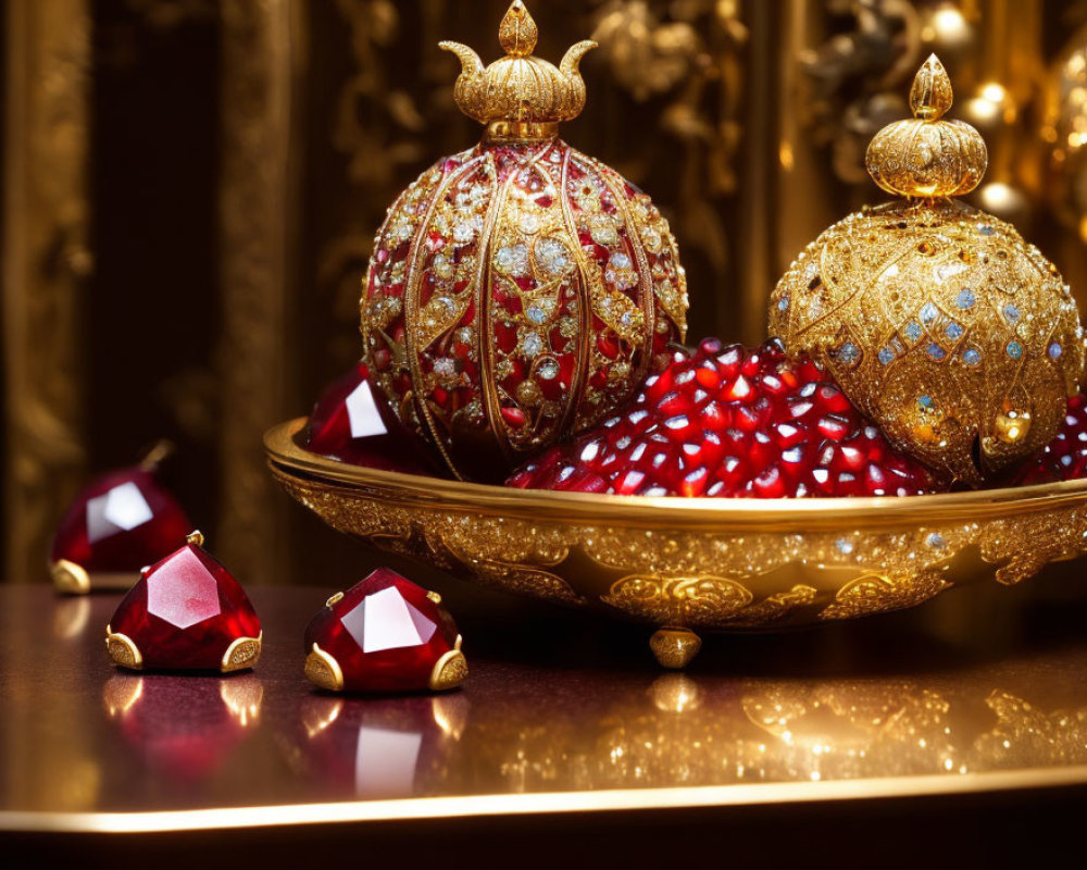 Luxurious Golden Bowl with Pomegranate Seeds and Bejeweled Ornaments