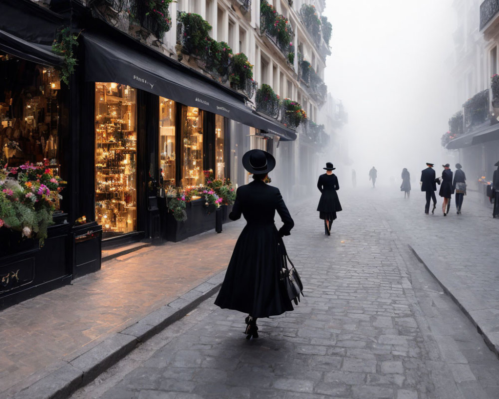 Vintage clothing and foggy street scene with lit shop windows and flowers