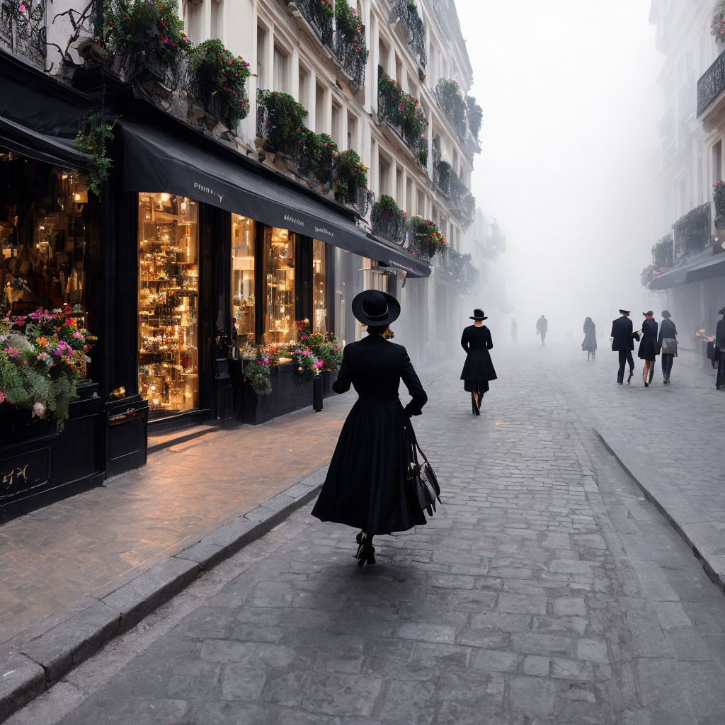 Vintage clothing and foggy street scene with lit shop windows and flowers