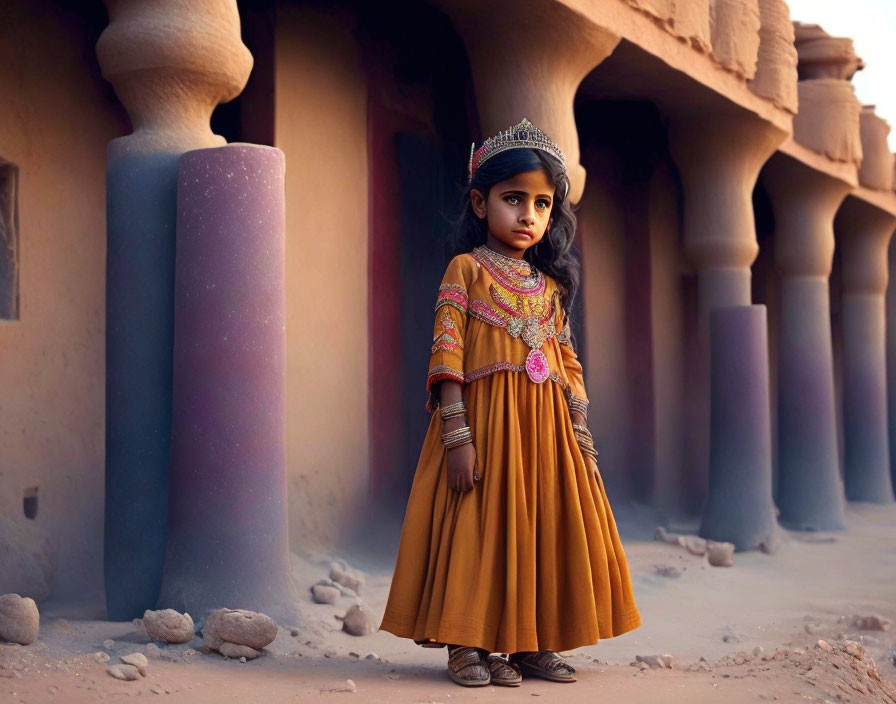 Young girl in traditional attire with tiara at ancient column ruins at dusk