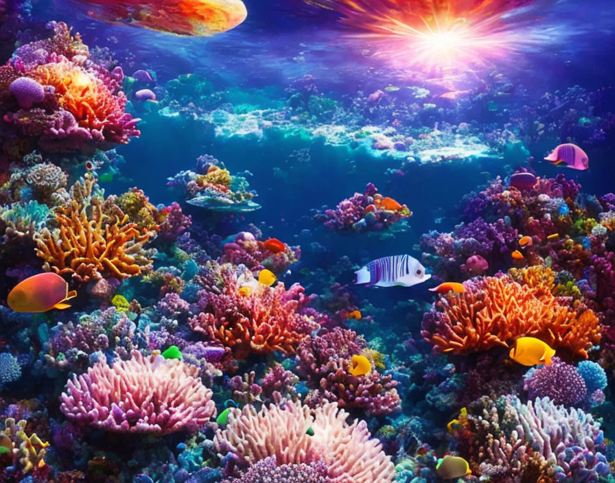 Colorful coral formations and tropical fish in shimmering underwater scene.