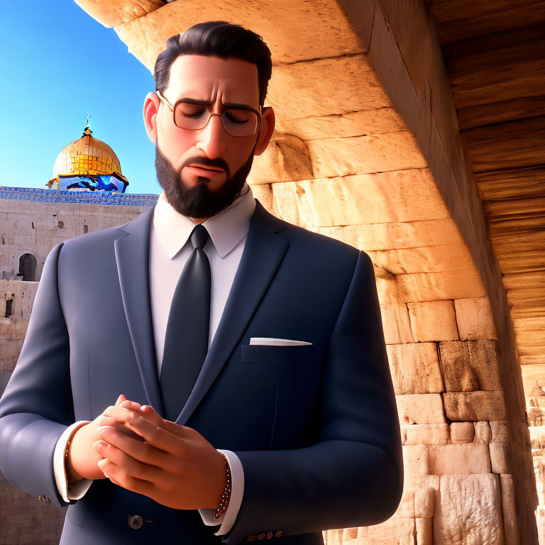 Animated character in suit with thoughtful expression, clasped hands, against domed structure background.