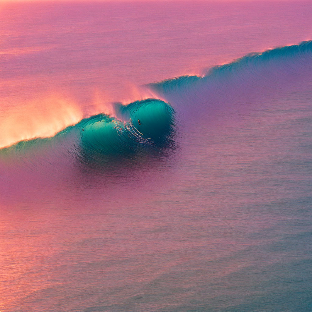 Surfer riding vibrant pink and purple wave at sunset