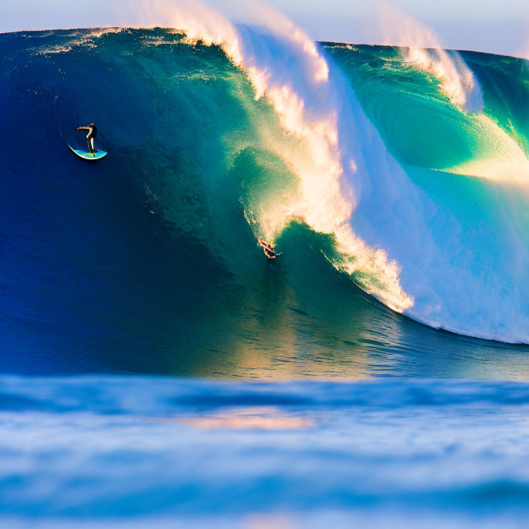 Surfers Riding Large Curling Wave Under Clear Blue Sky