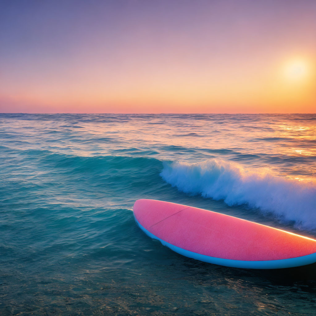 Pink surfboard on beach with rolling waves under sunrise sky