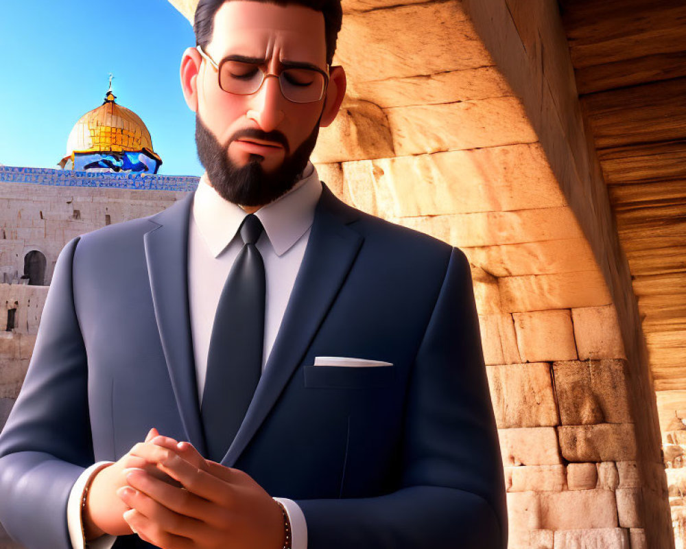 Animated character in suit with thoughtful expression, clasped hands, against domed structure background.