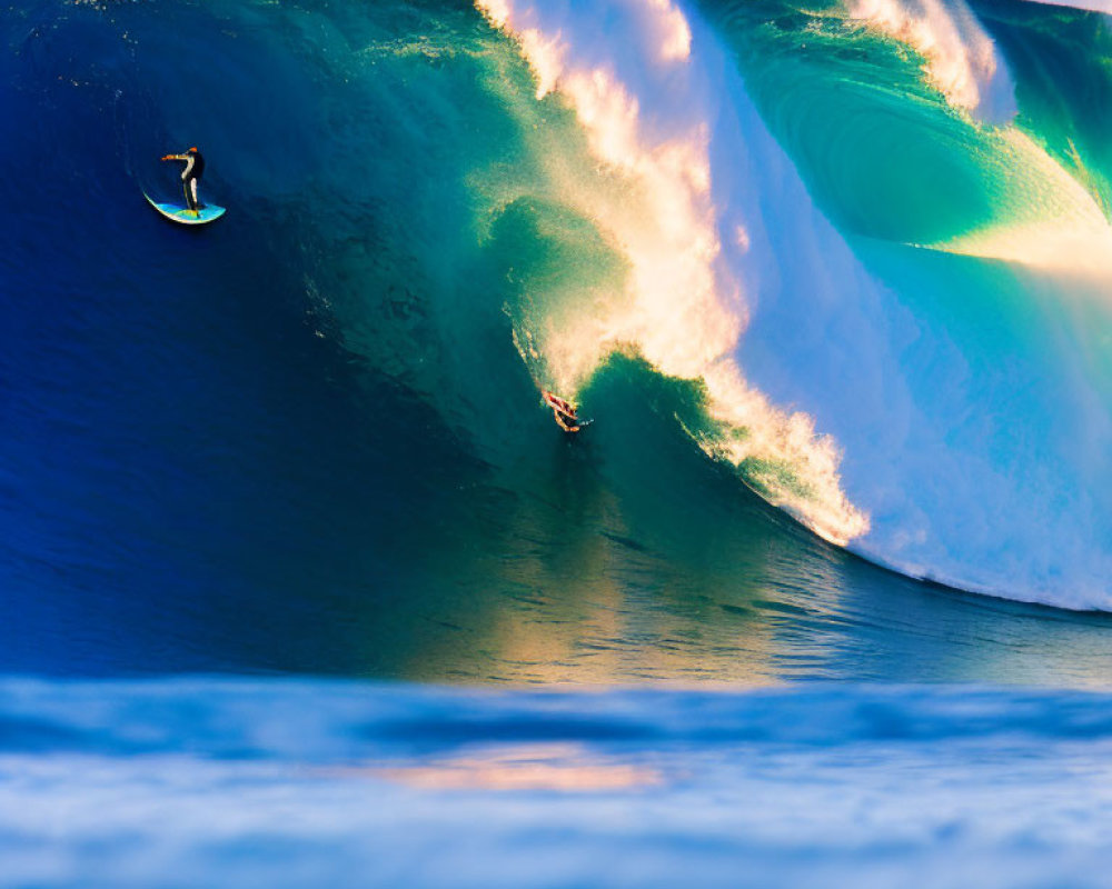 Surfers Riding Large Curling Wave Under Clear Blue Sky