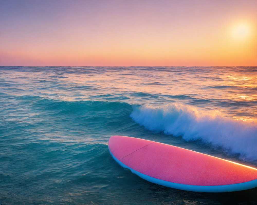 Pink surfboard on beach with rolling waves under sunrise sky