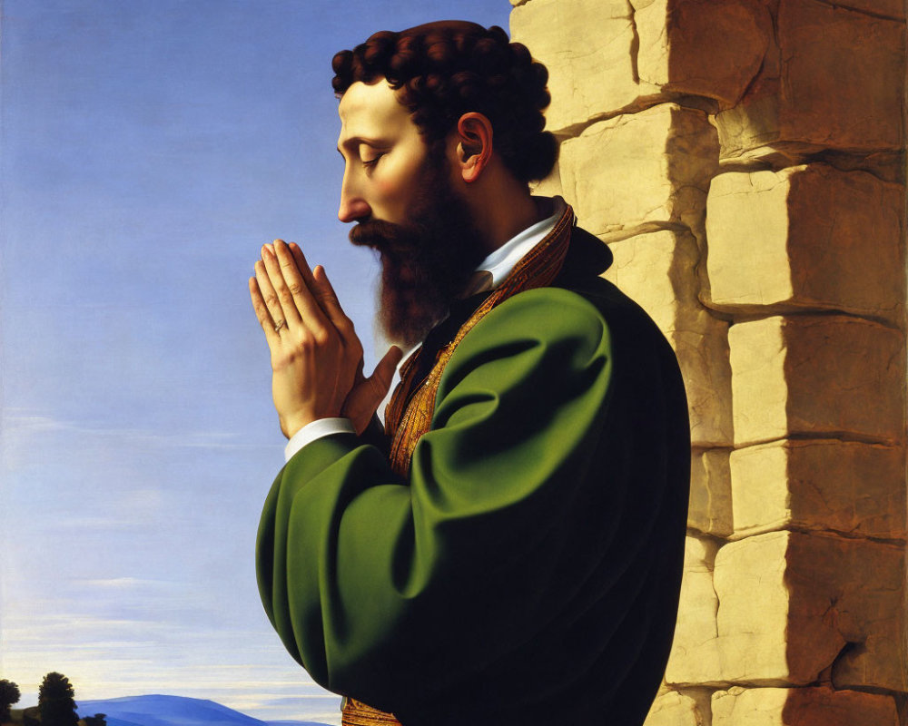 Bearded Man in Green Robe Praying Against Landscape Skyline