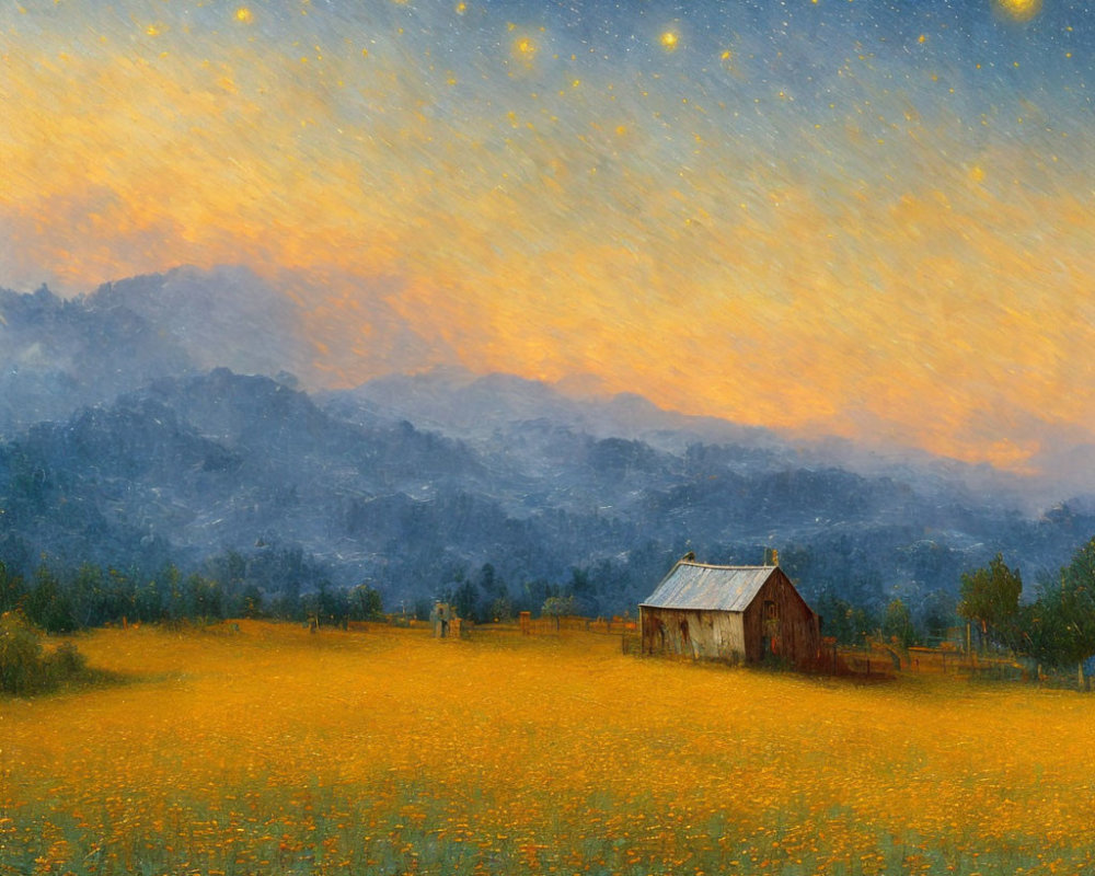 Rustic barn in golden flower field under twilight sky