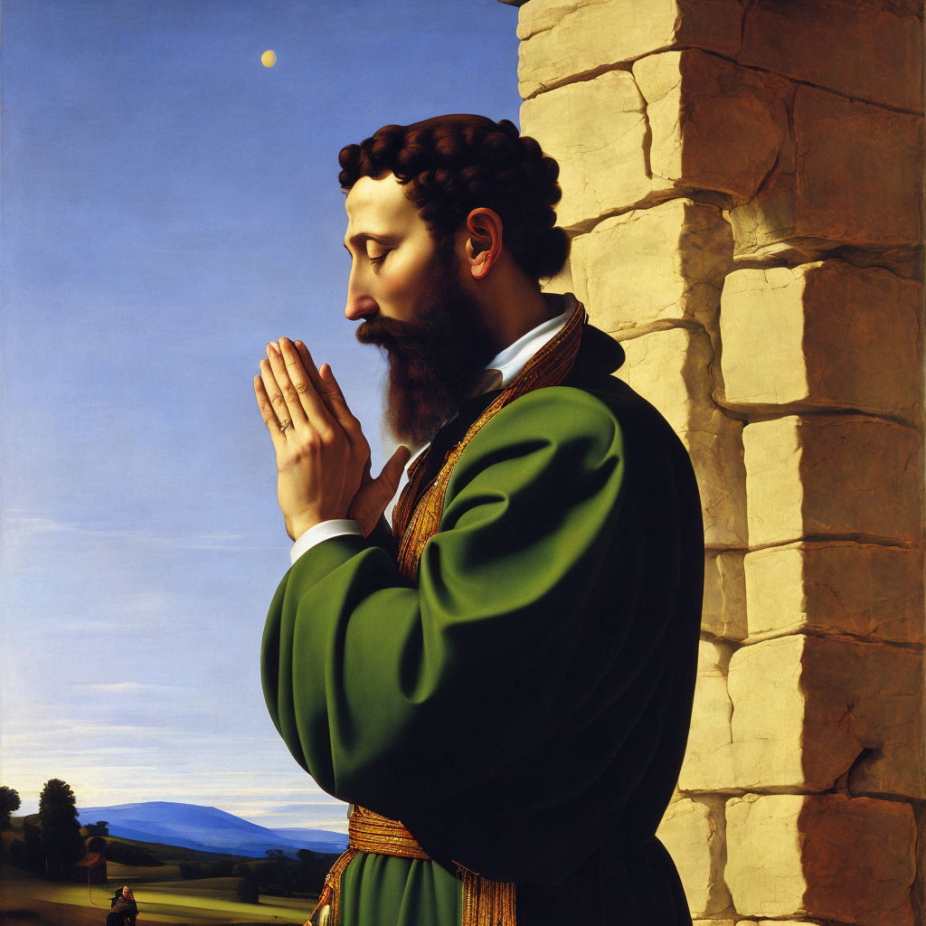 Bearded Man in Green Robe Praying Against Landscape Skyline