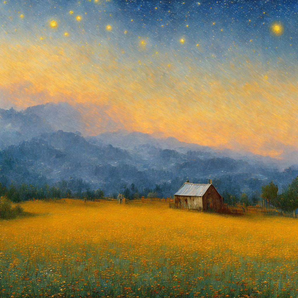 Rustic barn in golden flower field under twilight sky